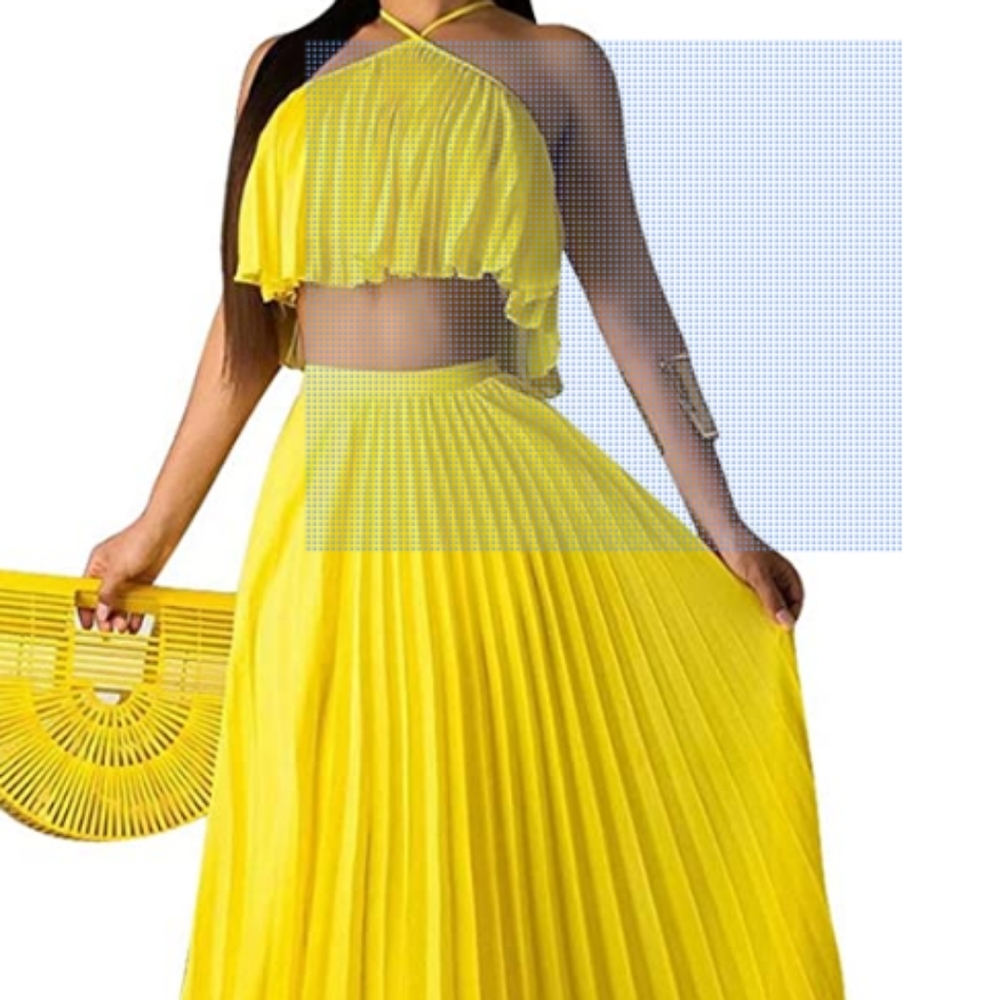 *Worn Once* Chiffon Sleeveless Ruffle Crop Top Pleated Long Skirt Sz.L